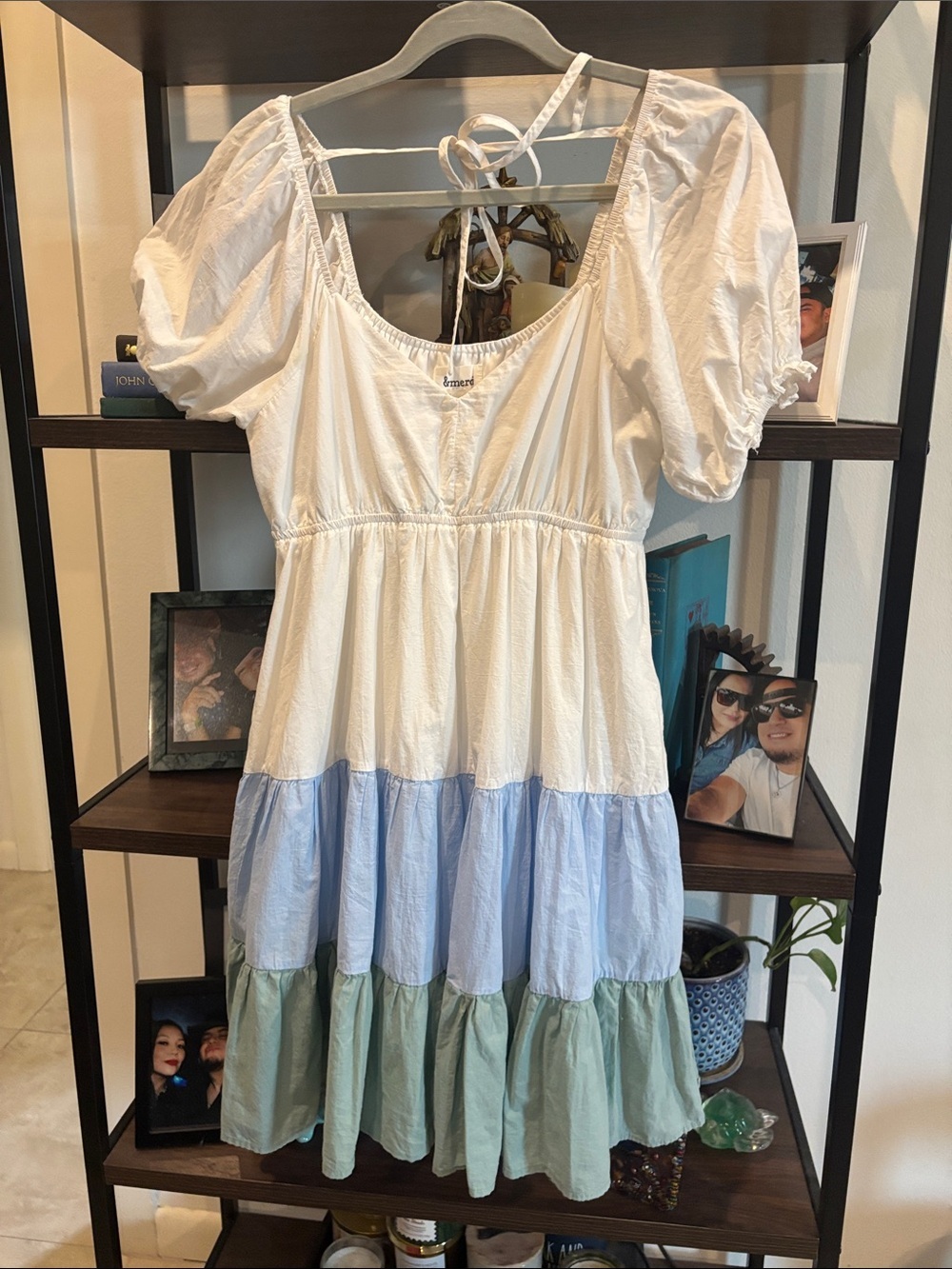 &Merci Colorblock Puff Sleeve Vneck Boho Summer Dress Pockets Small